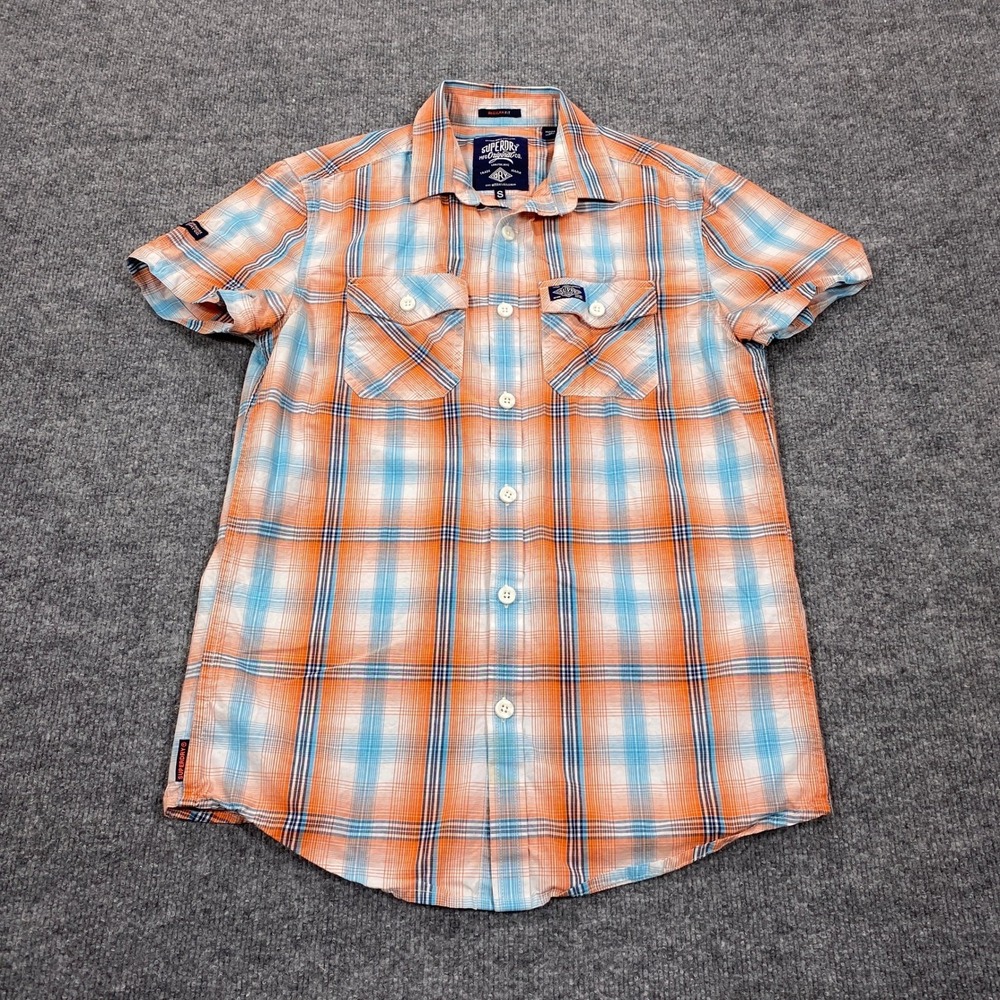 Superdry Button Down Shirt Mens Small Orange Blue Plaid Short Sleeve